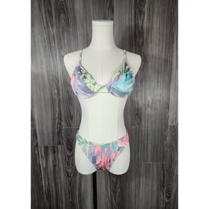 Vintage Hobie Tropical Floral Underwire Bikini Pastel Pink Purple Blue Size 9/10